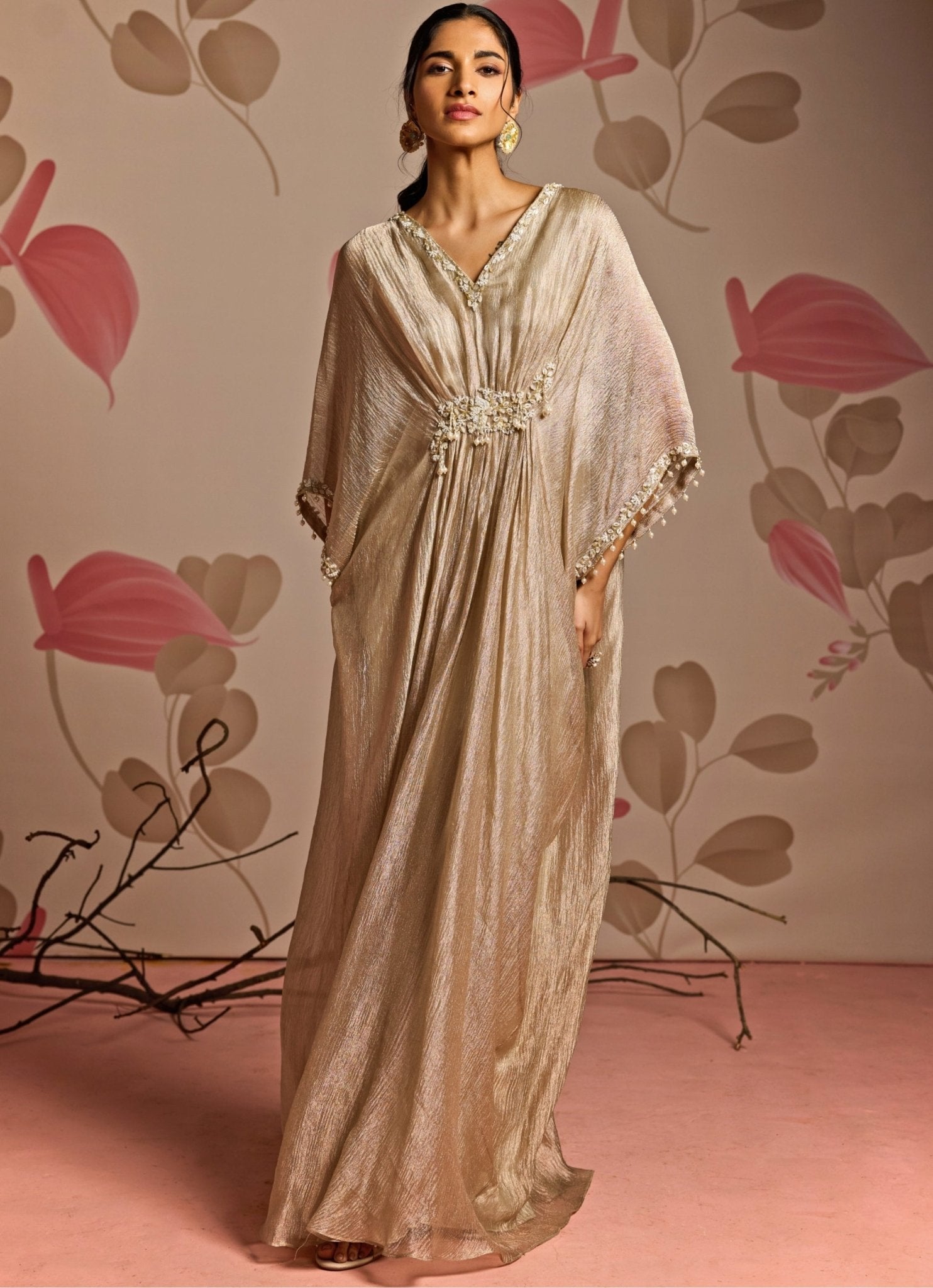 Gold embroidered kaftan set for Eid festive evenings with modest coverage