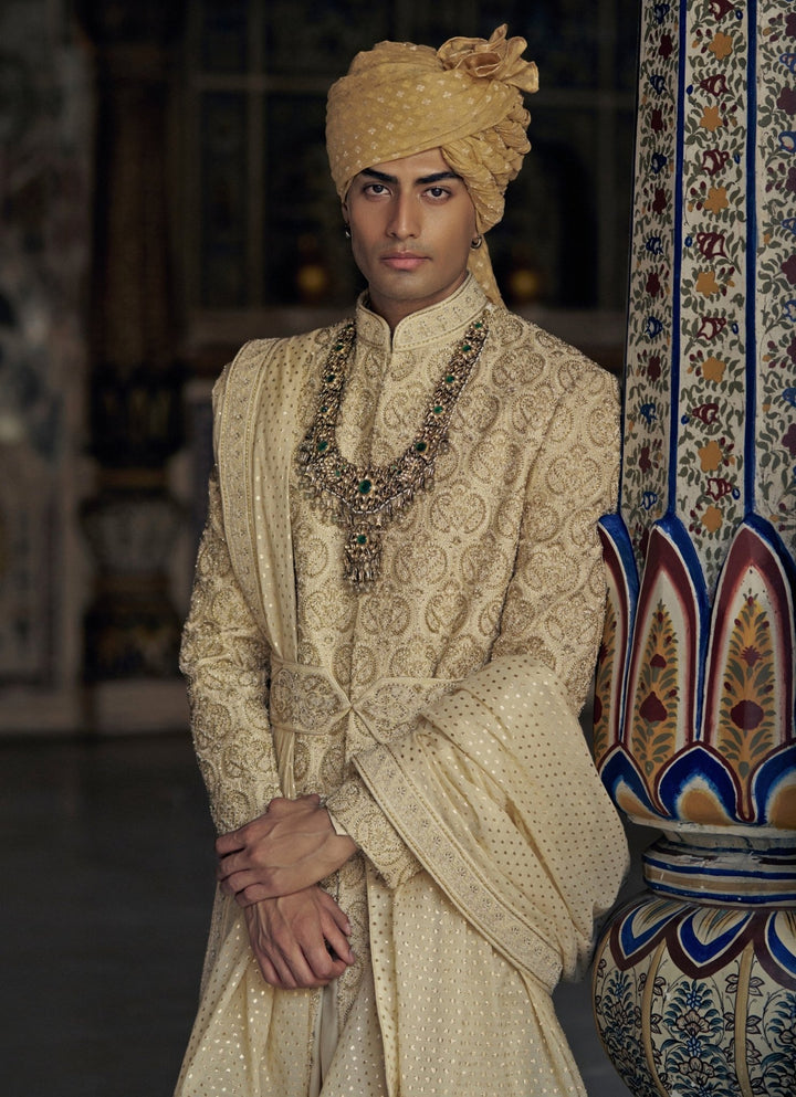 Gold Embroidered Sherwani Set Nitika Gujral - Men - Fabilicious Fashion