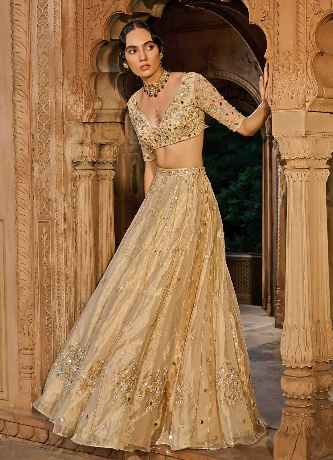 Gold Embroidered Silk Tissue Lehenga Set Zoon Tribe - Fabilicious Fashion