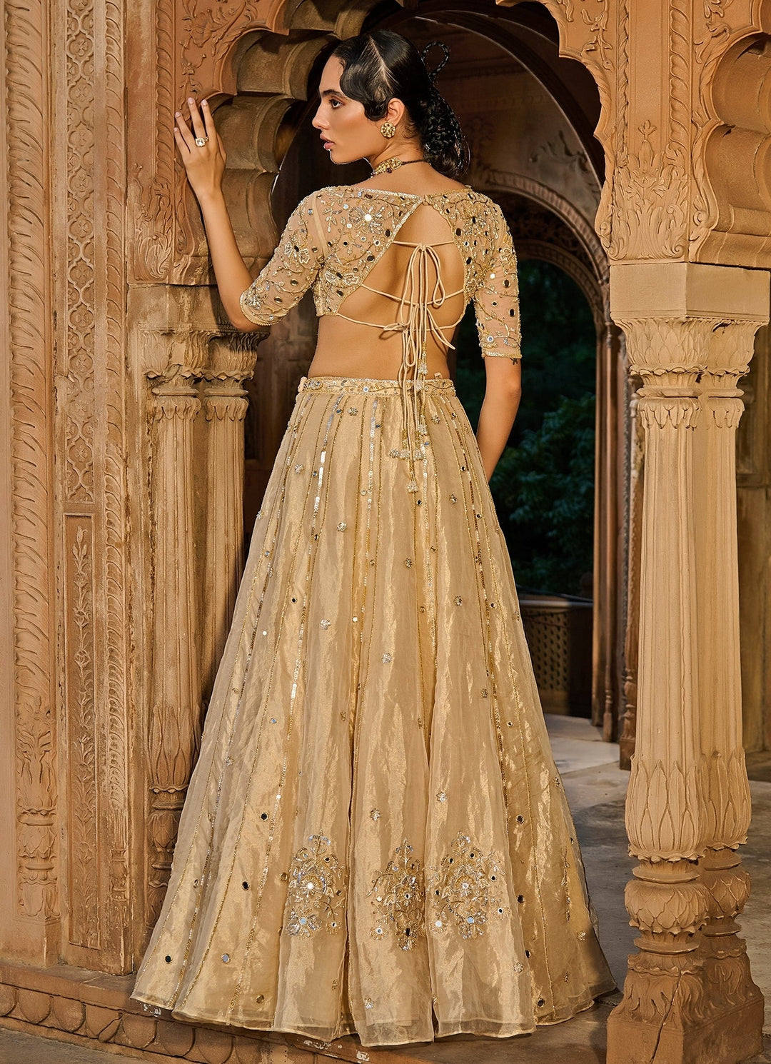 Gold Embroidered Silk Tissue Lehenga Set Zoon Tribe - Fabilicious Fashion