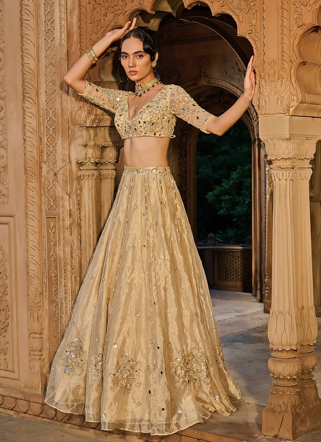 Gold Embroidered Silk Tissue Lehenga Set Zoon Tribe - Fabilicious Fashion