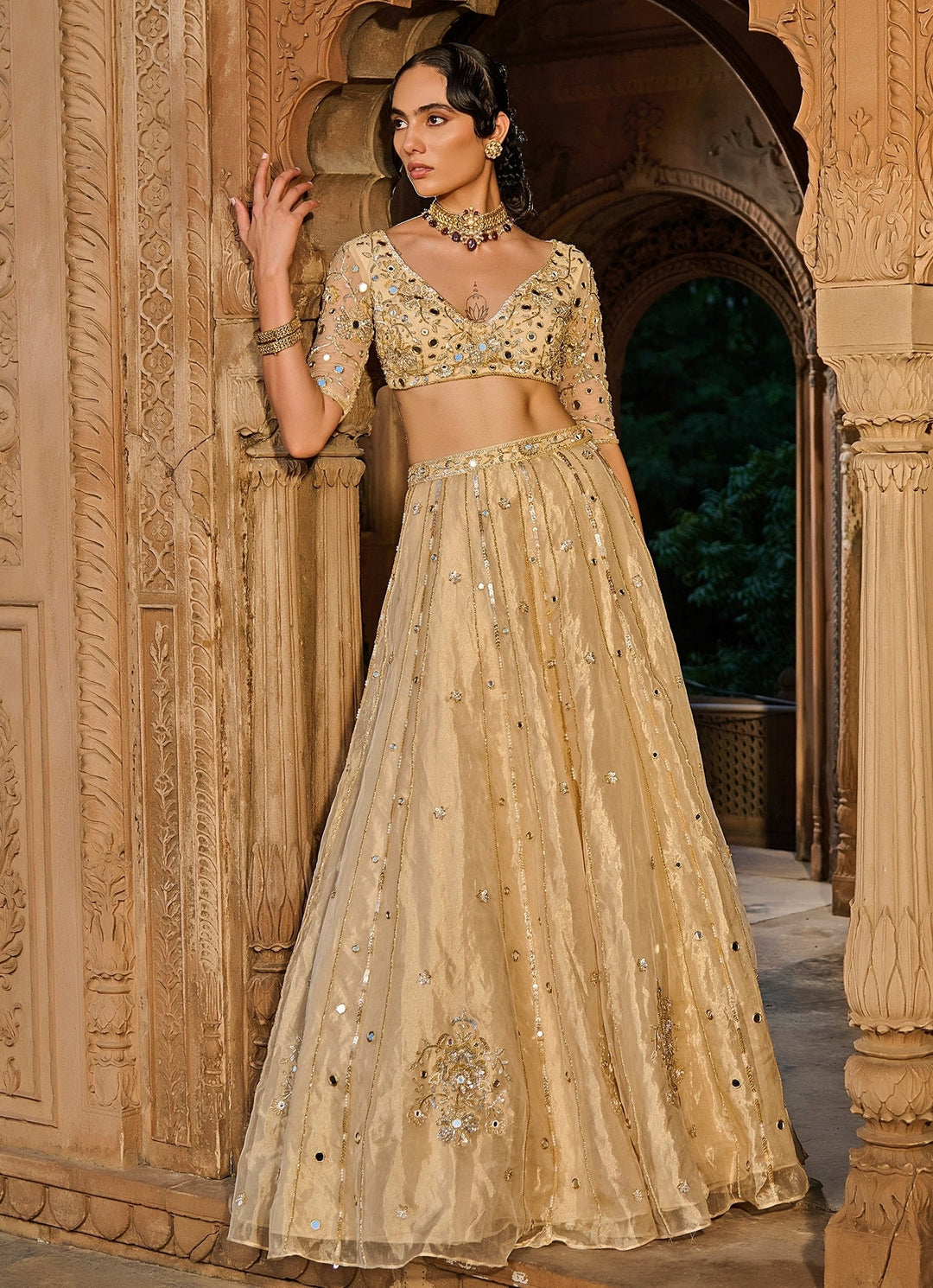 Gold Embroidered Silk Tissue Lehenga Set Zoon Tribe - Fabilicious Fashion