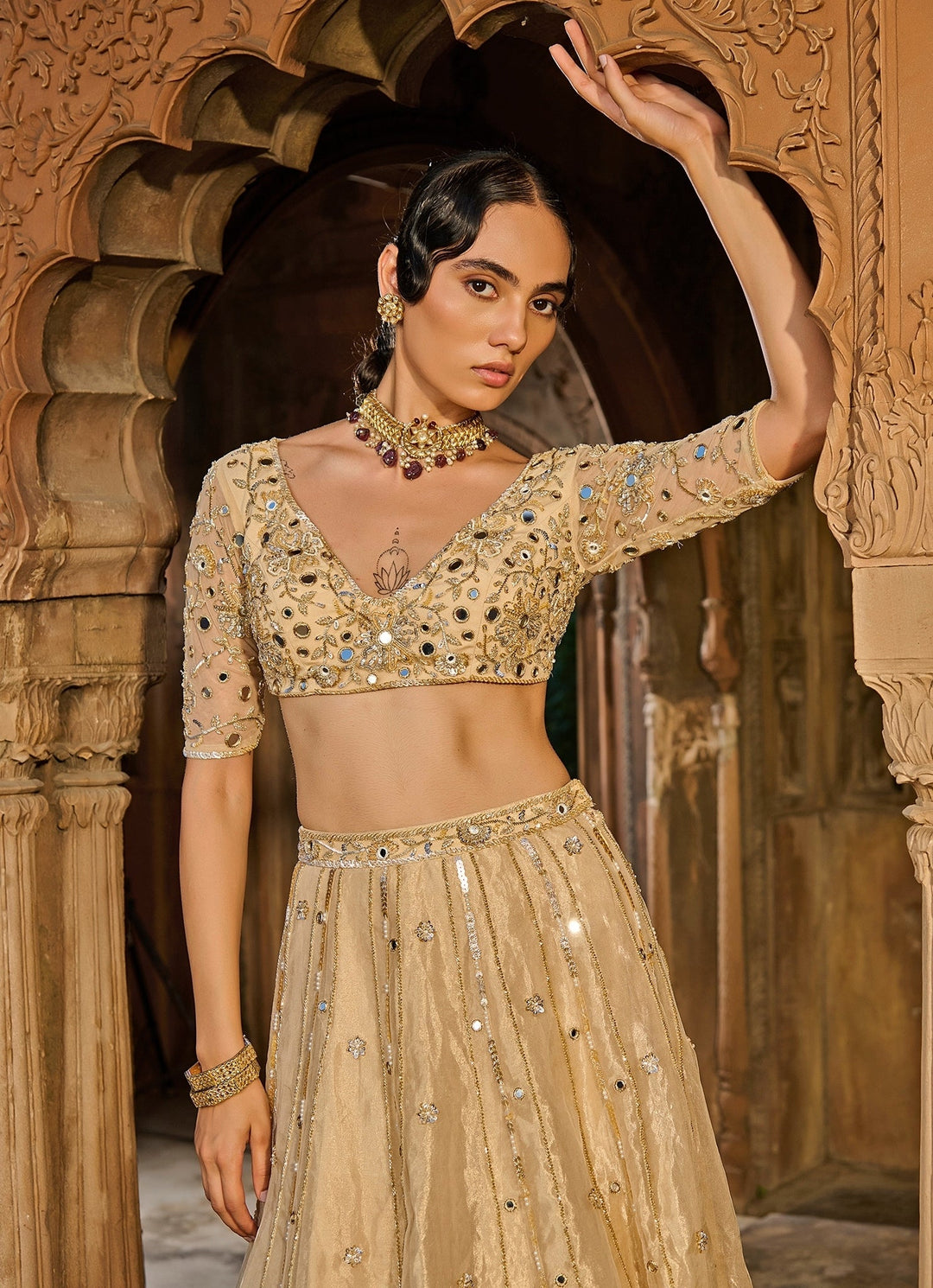 Gold Embroidered Silk Tissue Lehenga Set Zoon Tribe - Fabilicious Fashion