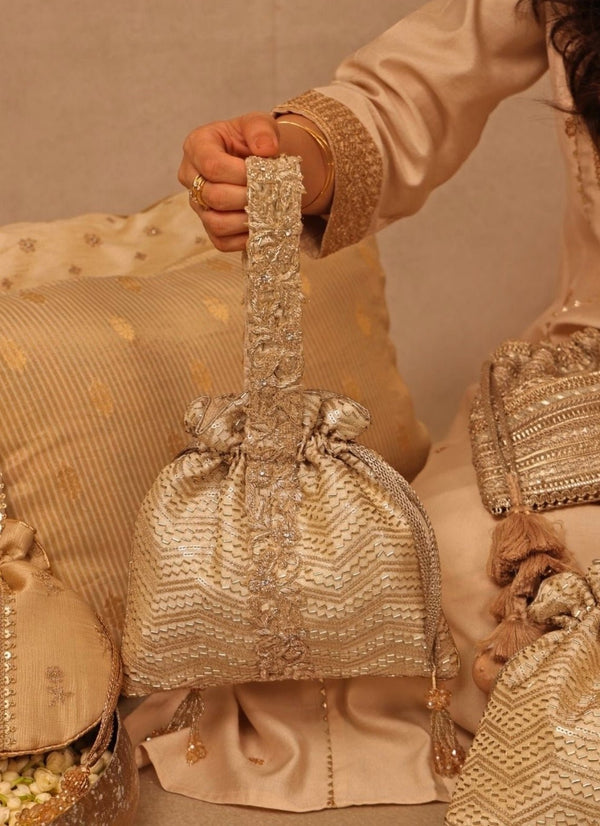 Gold Embroidered Silk Top Handle Potli