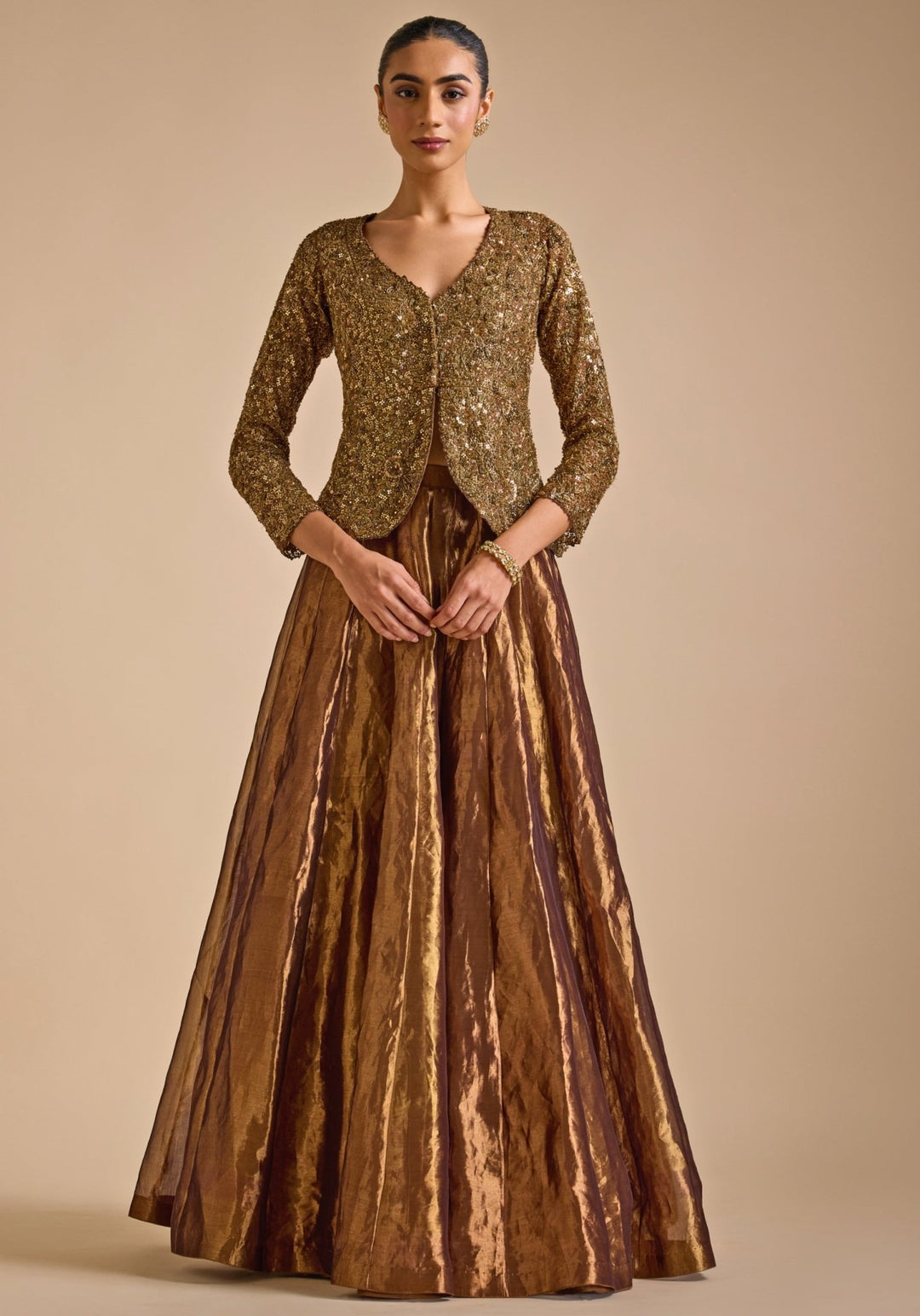 Gold Embroidered Skirt set with Jacket Prevasu - Fabilicious Fashion