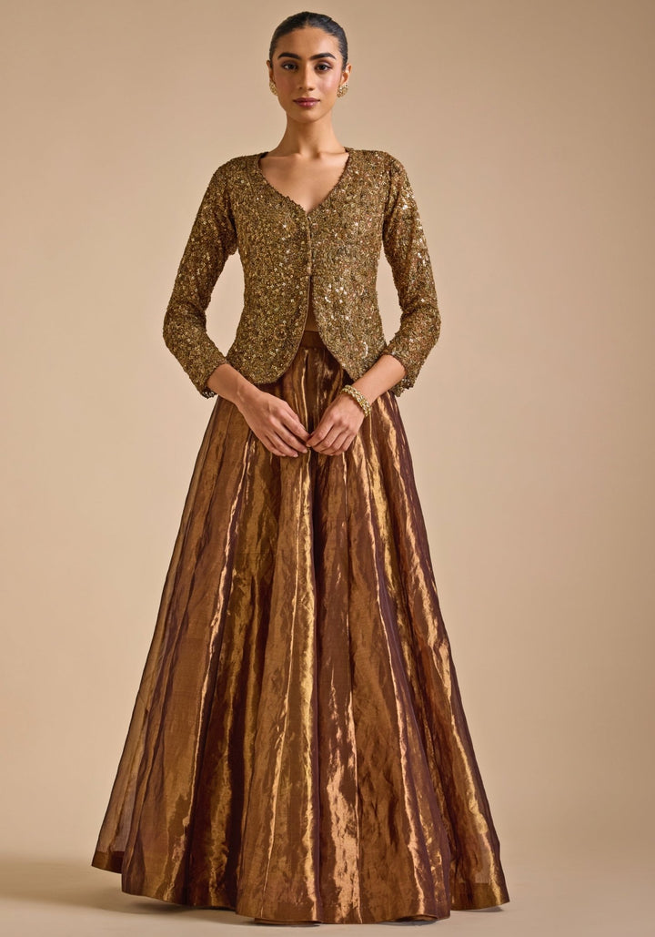 Gold Embroidered Skirt set with Jacket Prevasu - Fabilicious Fashion