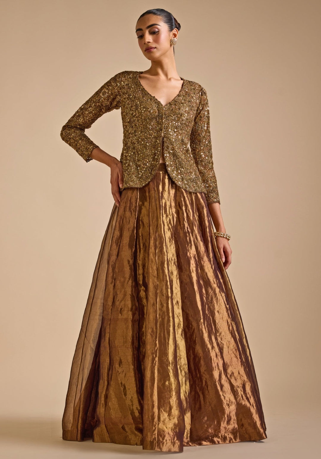 Gold Embroidered Skirt set with Jacket Prevasu - Fabilicious Fashion