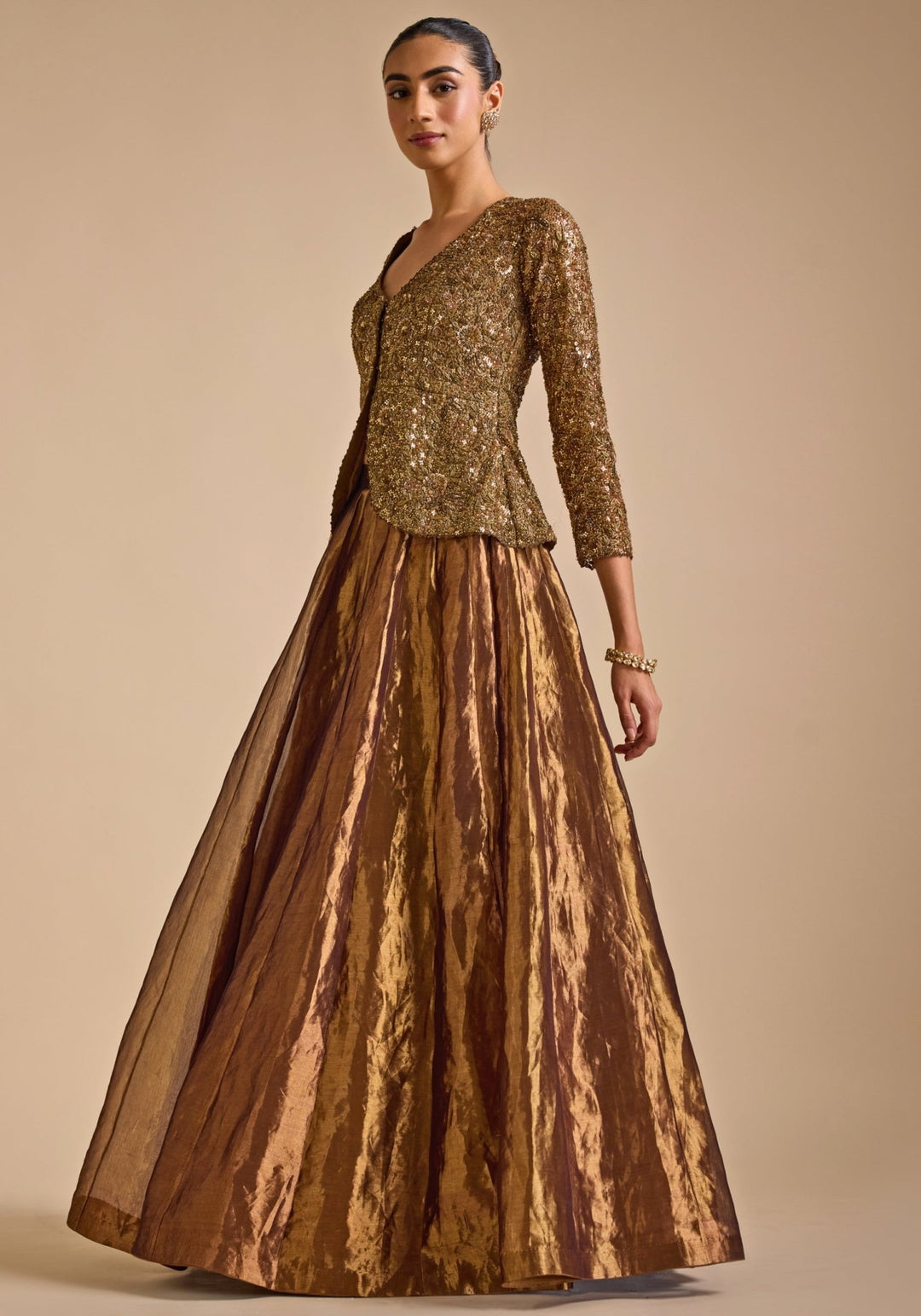 Gold Embroidered Skirt set with Jacket Prevasu - Fabilicious Fashion