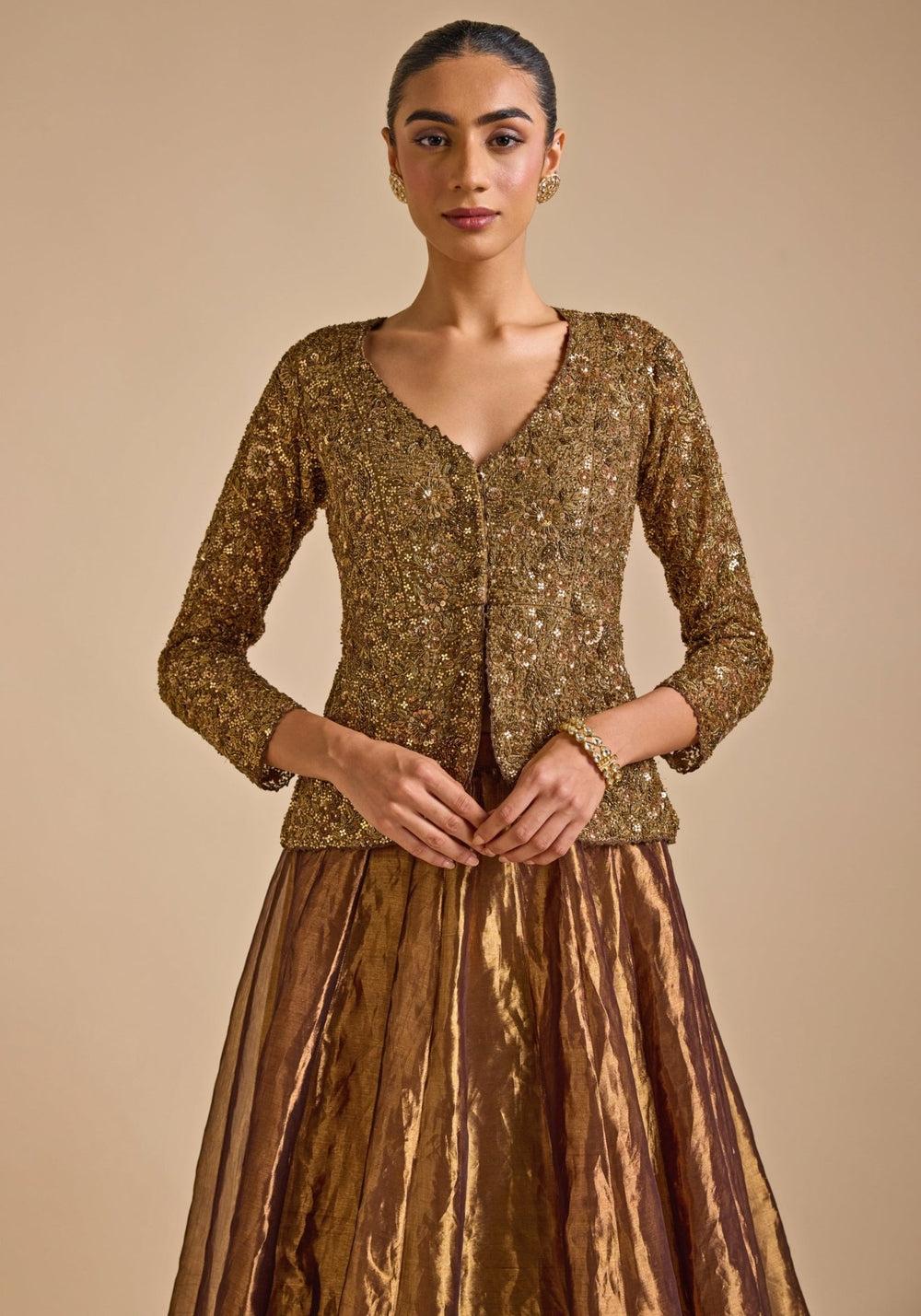 Gold Embroidered Skirt set with Jacket Prevasu - Fabilicious Fashion