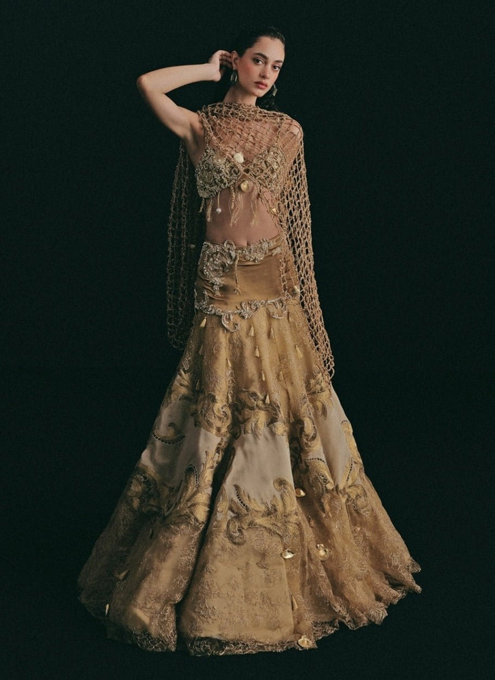 The Little Black Bow Gold Embroidered Soft Net Bridal Lehenga SetFabilicious Fashion