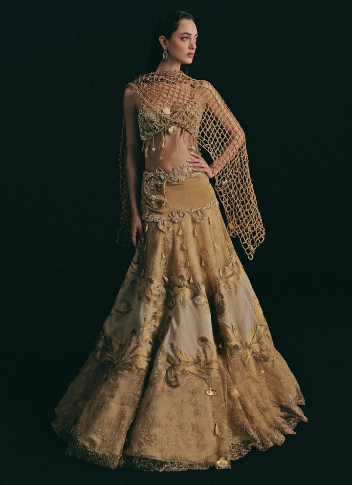The Little Black Bow Gold Embroidered Soft Net Bridal Lehenga SetFabilicious Fashion