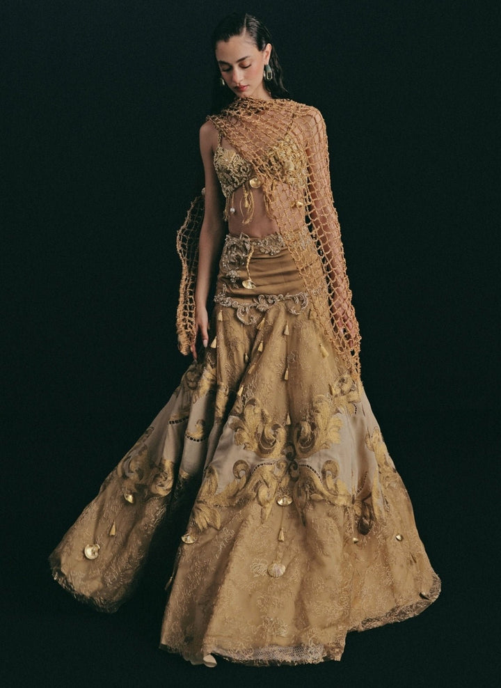 The Little Black Bow Gold Embroidered Soft Net Bridal Lehenga SetFabilicious Fashion