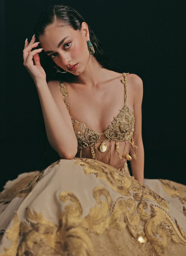 The Little Black Bow Gold Embroidered Soft Net Bridal Lehenga SetFabilicious Fashion