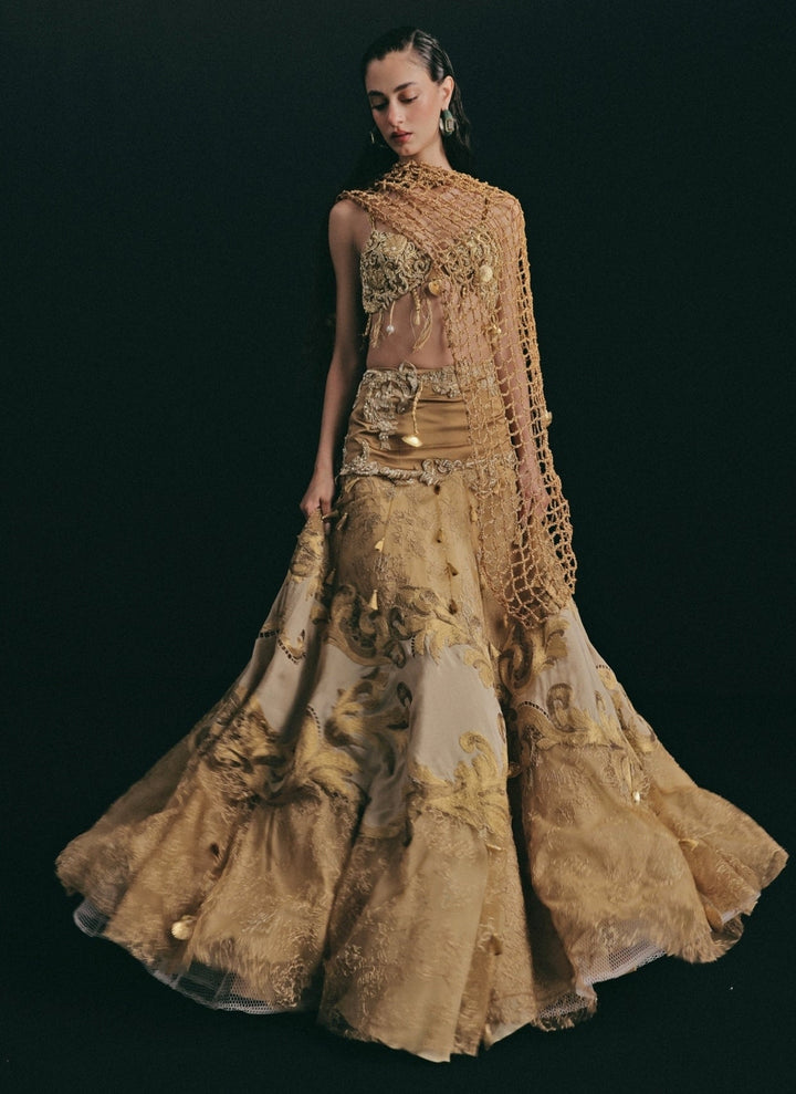 The Little Black Bow Gold Embroidered Soft Net Bridal Lehenga SetFabilicious Fashion