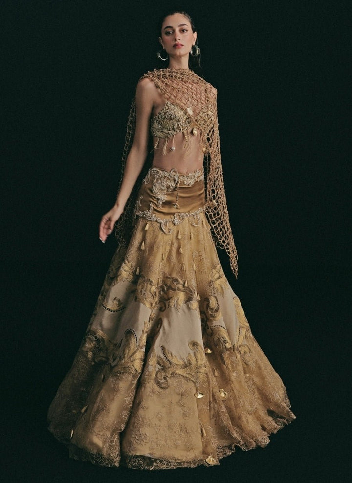 The Little Black Bow Gold Embroidered Soft Net Bridal Lehenga SetFabilicious Fashion