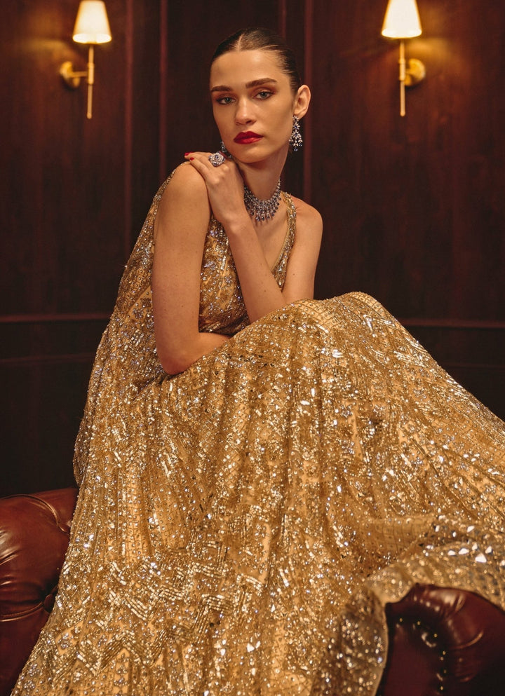 Gold Embroidered Soft Net Gown Angad Singh - Fabilicious Fashion