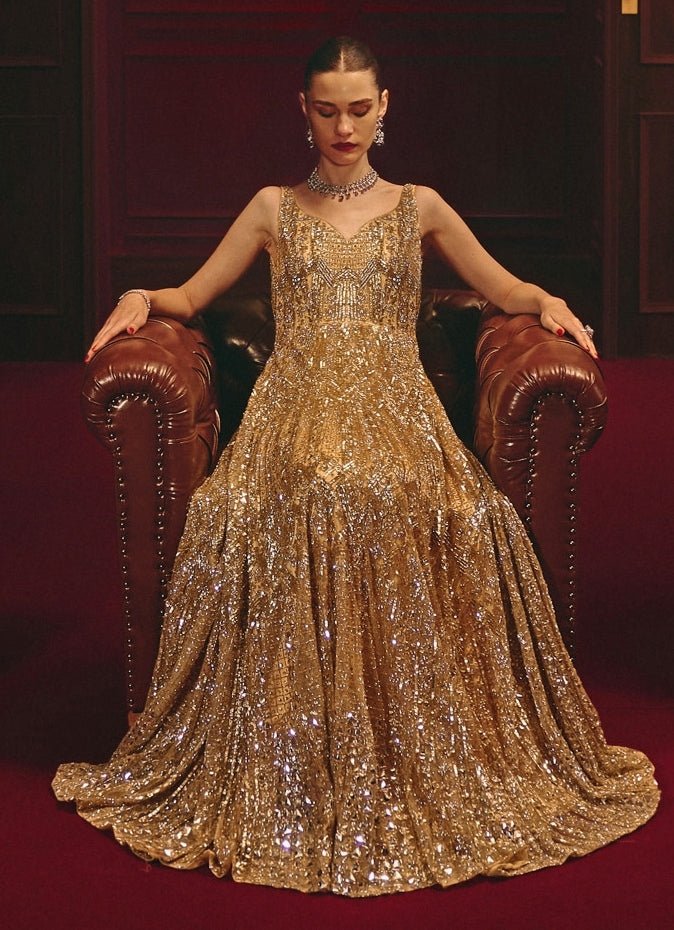 Gold Embroidered Soft Net Gown Angad Singh - Fabilicious Fashion