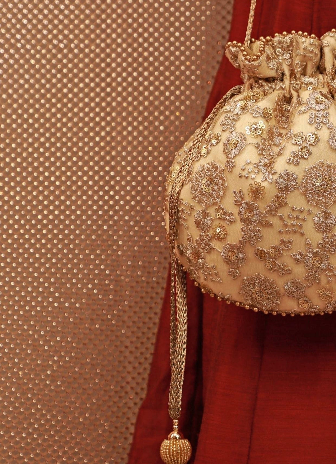 Gold Embroidered Soft Net Potli Amyra - Fabilicious Fashion