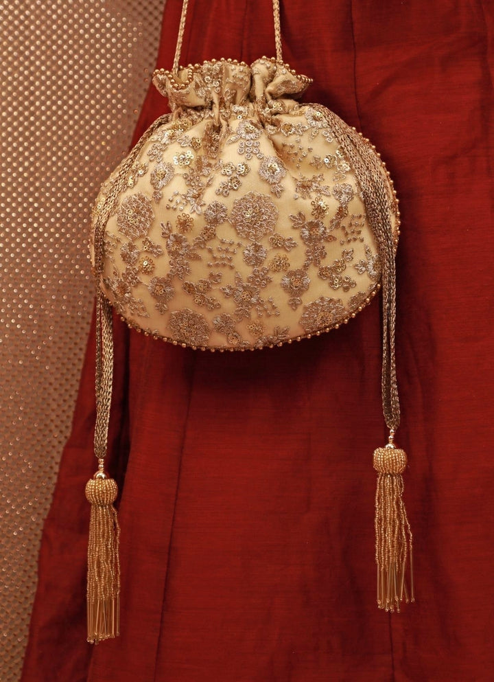 Gold Embroidered Soft Net Potli Amyra - Fabilicious Fashion