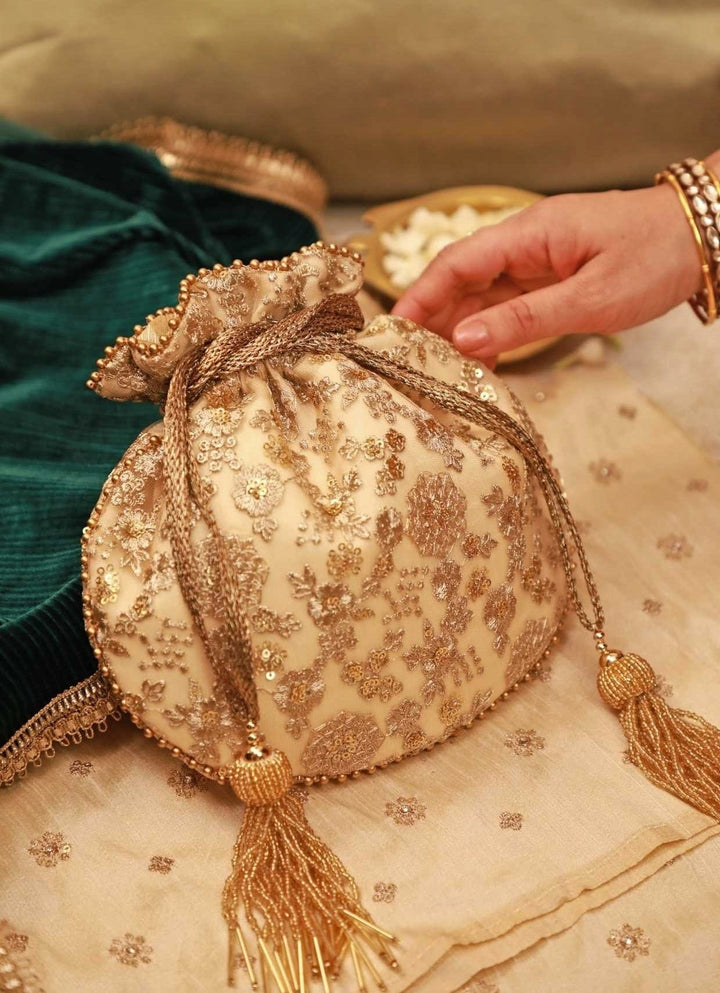 Gold Embroidered Soft Net Potli Amyra - Fabilicious Fashion