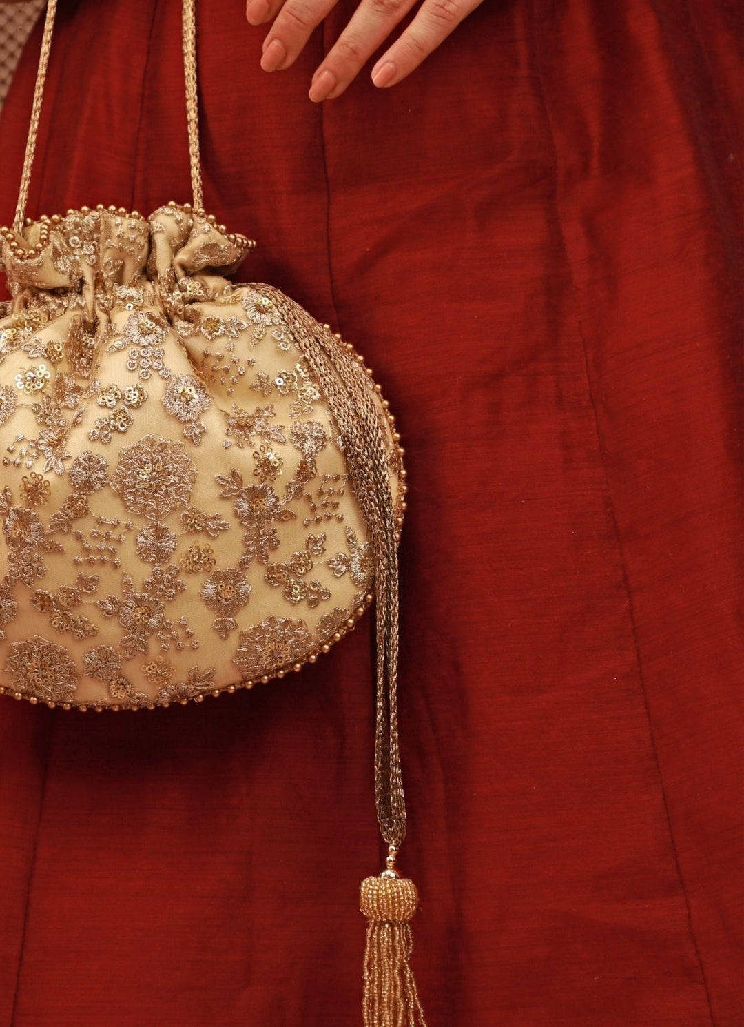 Gold Embroidered Soft Net Potli Amyra - Fabilicious Fashion
