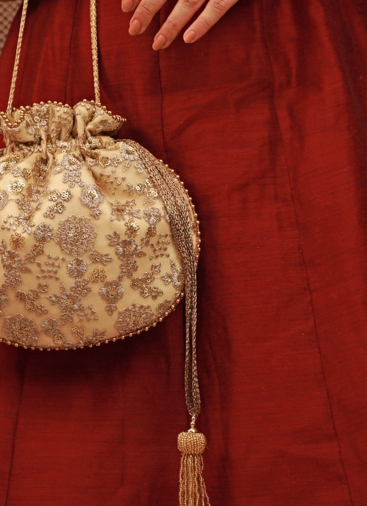 Gold Embroidered Soft Net Potli Amyra - Fabilicious Fashion