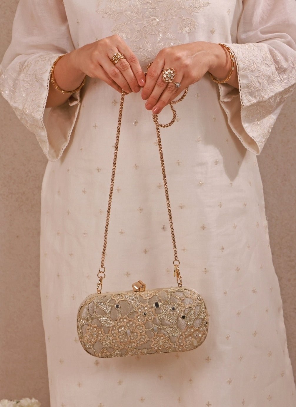 Amyra Gold Embroidered Tissue Capsule ClutchFabilicious Fashion
