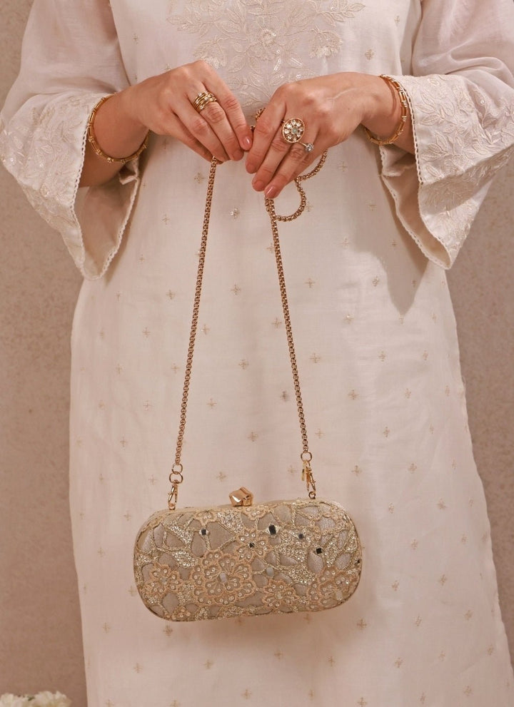Amyra Gold Embroidered Tissue Capsule ClutchFabilicious Fashion