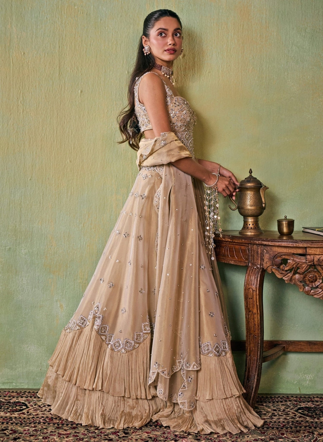 Seema Thukral Gold Embroidered Tissue Corset Lehenga SetFabilicious Fashion