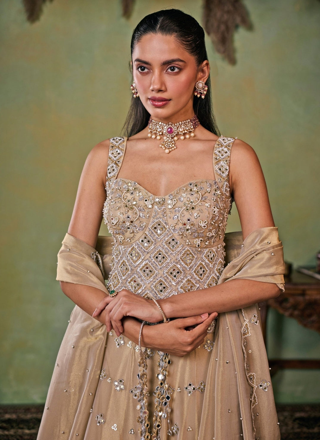 Seema Thukral Gold Embroidered Tissue Corset Lehenga SetFabilicious Fashion