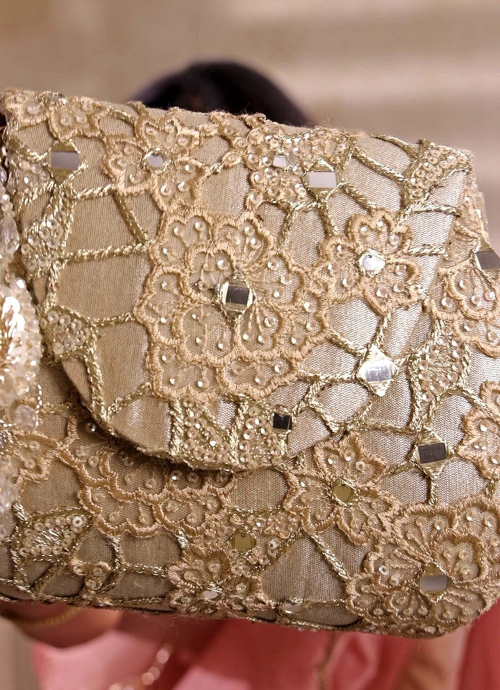 Amyra Gold Embroidered Tissue Flapover BagFabilicious Fashion