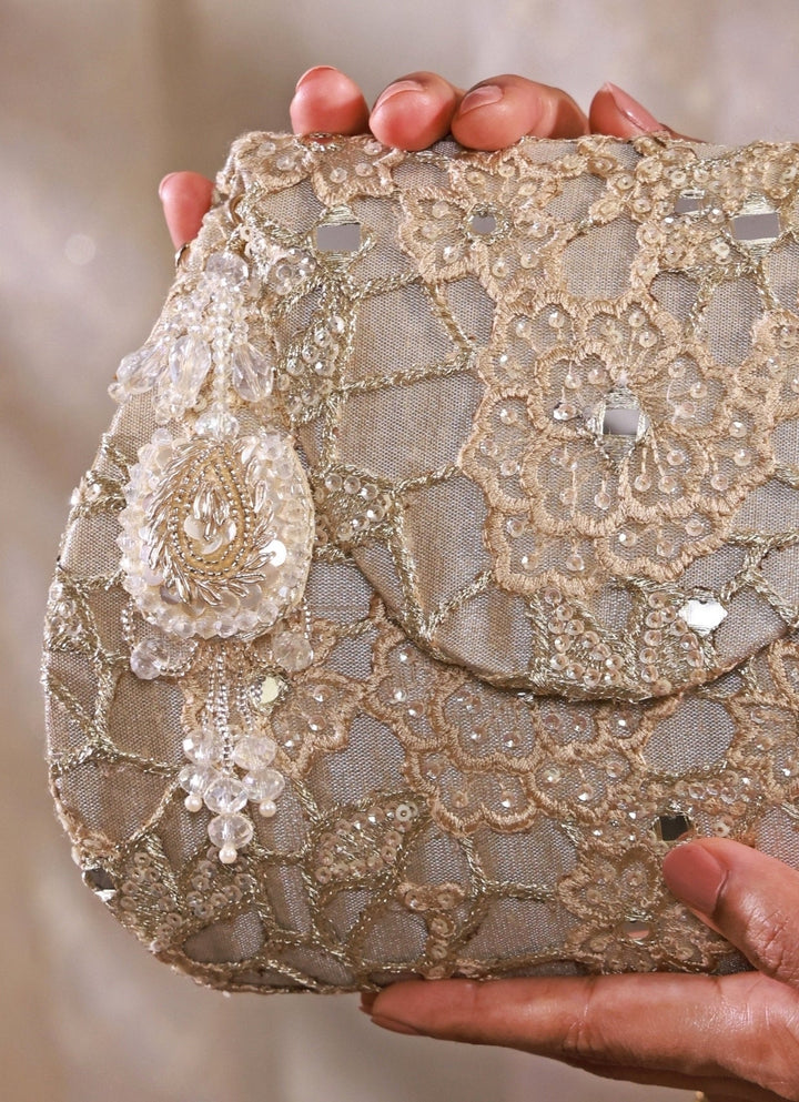Amyra Gold Embroidered Tissue Flapover BagFabilicious Fashion