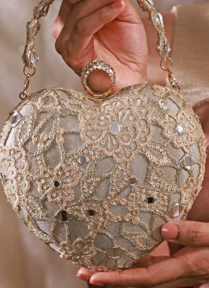 Amyra Gold Embroidered Tissue Heart ClutchFabilicious Fashion