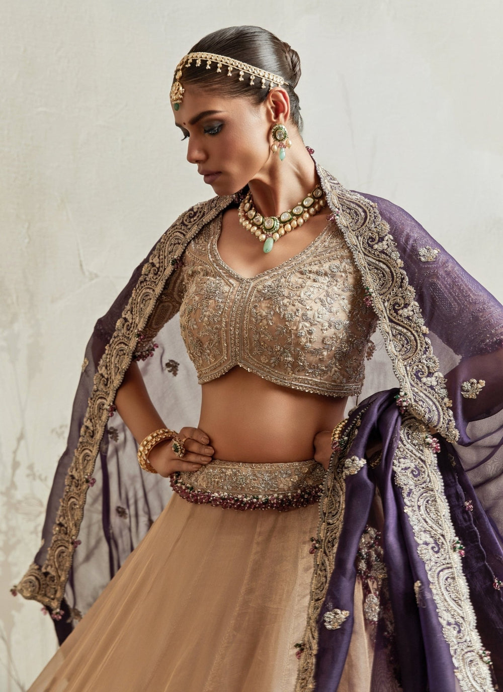 Prisho Gold Embroidered Tissue Lehenga Set With Purple DupattaFabilicious Fashion