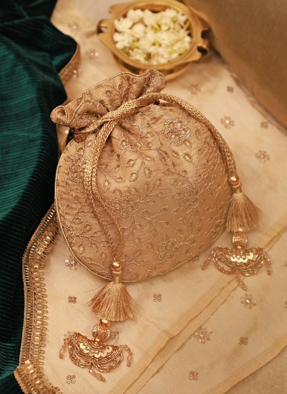 Gold Embroidered Tissue Potli Amyra - Fabilicious Fashion