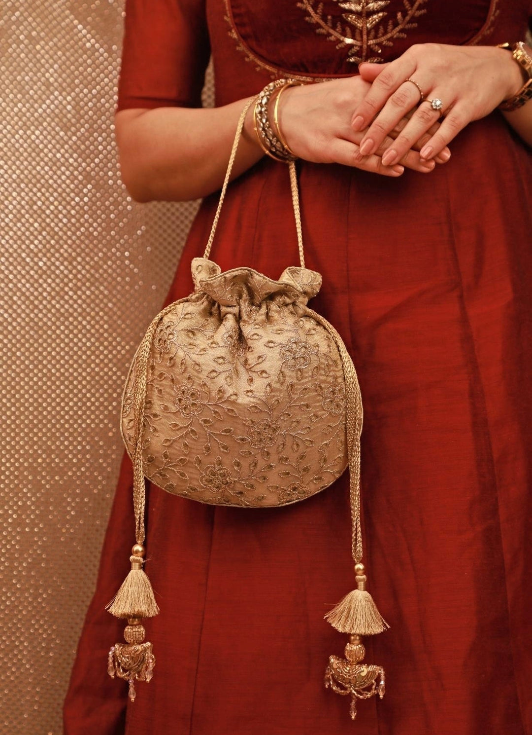 Gold Embroidered Tissue Potli Amyra - Fabilicious Fashion