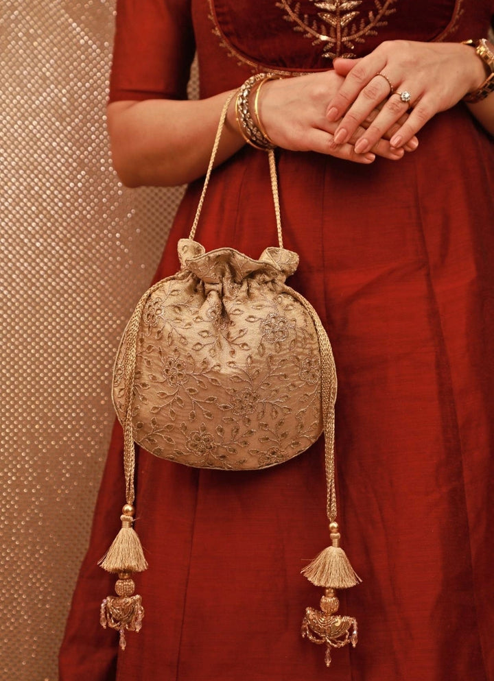 Gold Embroidered Tissue Potli Amyra - Fabilicious Fashion