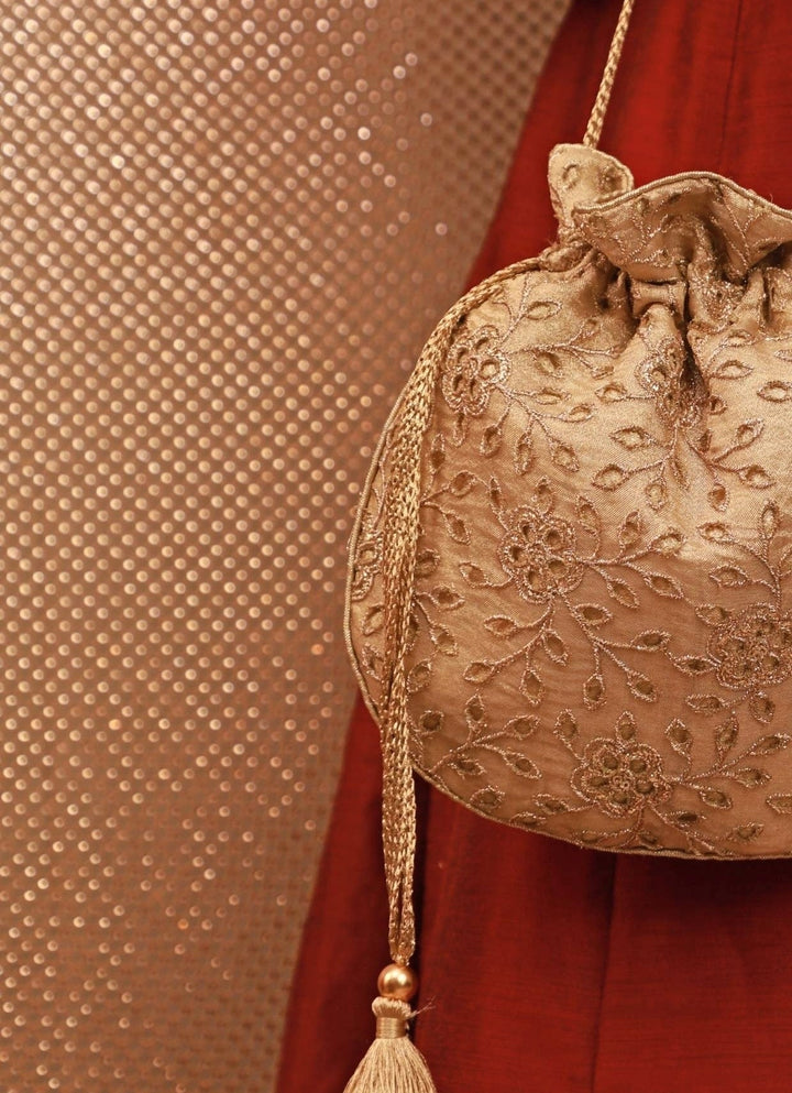 Gold Embroidered Tissue Potli Amyra - Fabilicious Fashion