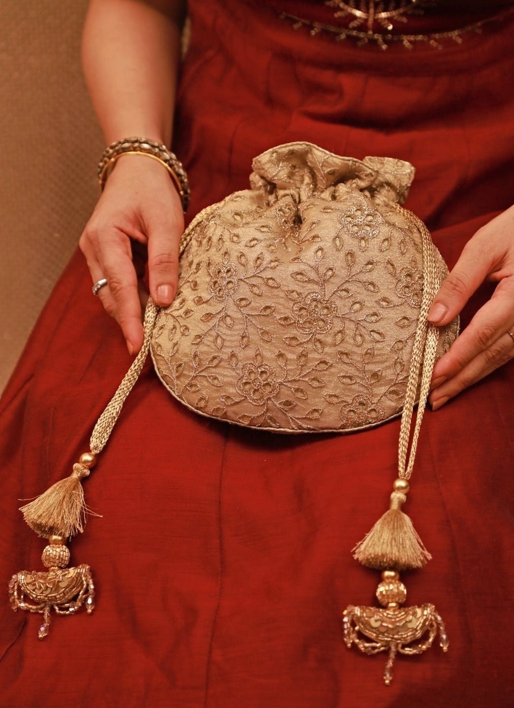 Gold Embroidered Tissue Potli Amyra - Fabilicious Fashion