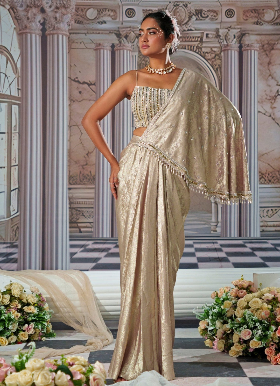Gold Embroidered Velvet Skirt Saree Nidhika Shekhar - Fabilicious Fashion