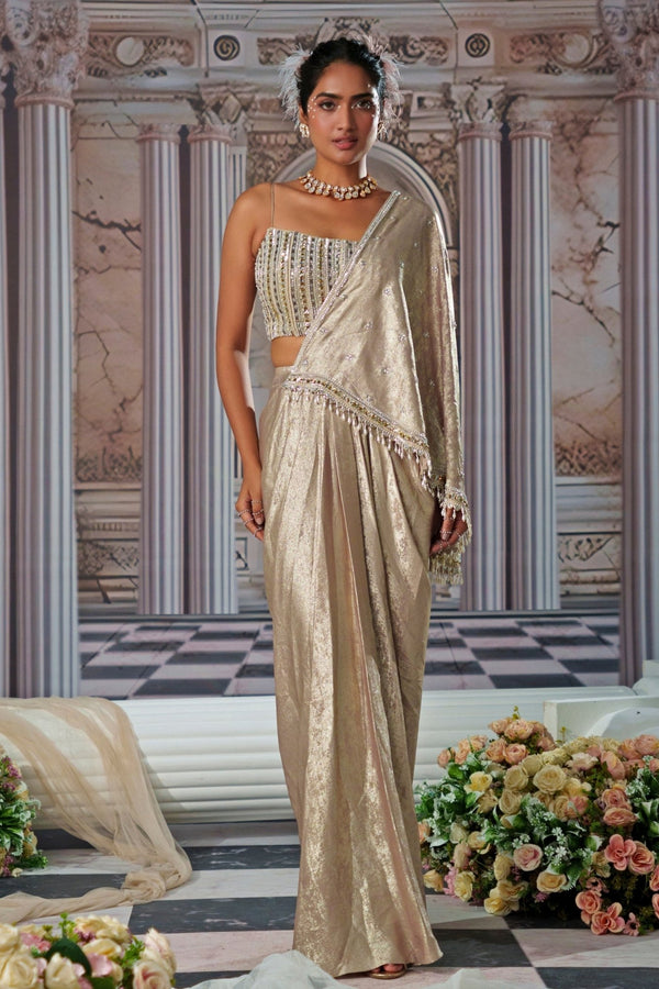 Gold embroidered velvet skirt saree by Nidhika Shekhar
