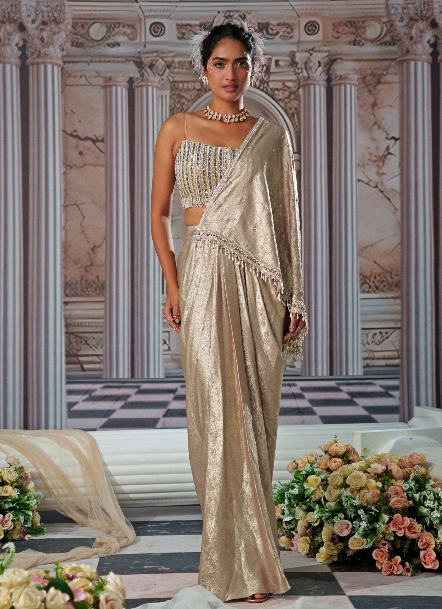 Gold Embroidered Velvet Skirt Saree by Nidhika Shekhar with embellished corset blouse