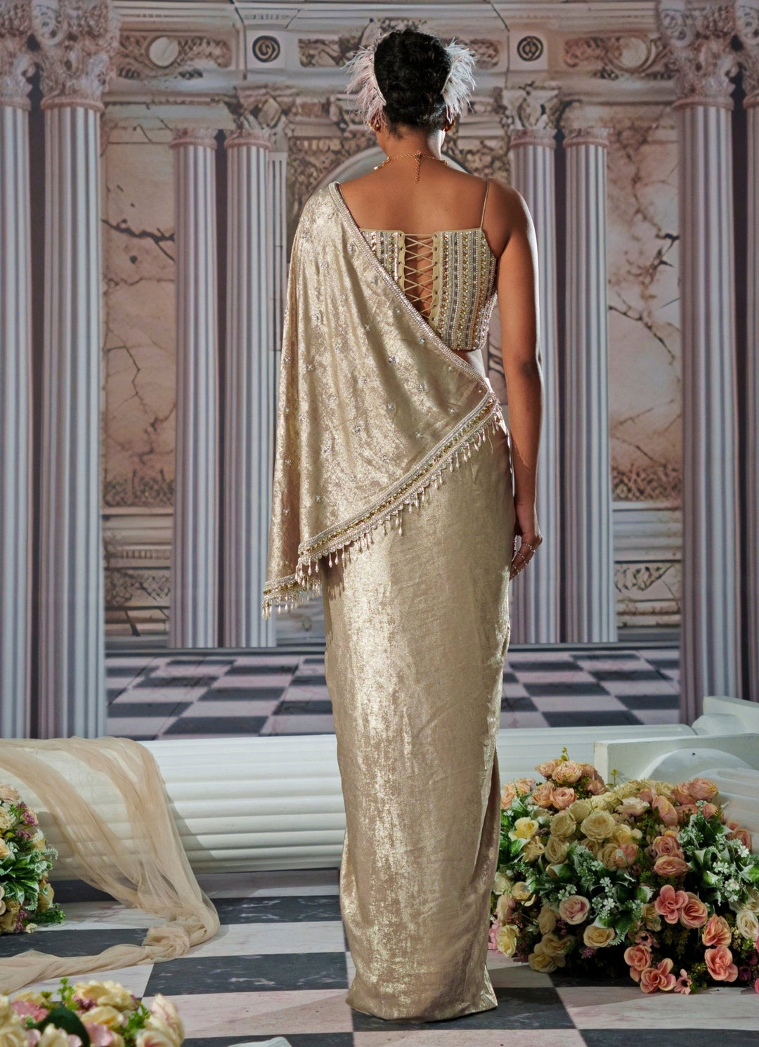 Gold Embroidered Velvet Skirt Saree Nidhika Shekhar - Fabilicious Fashion