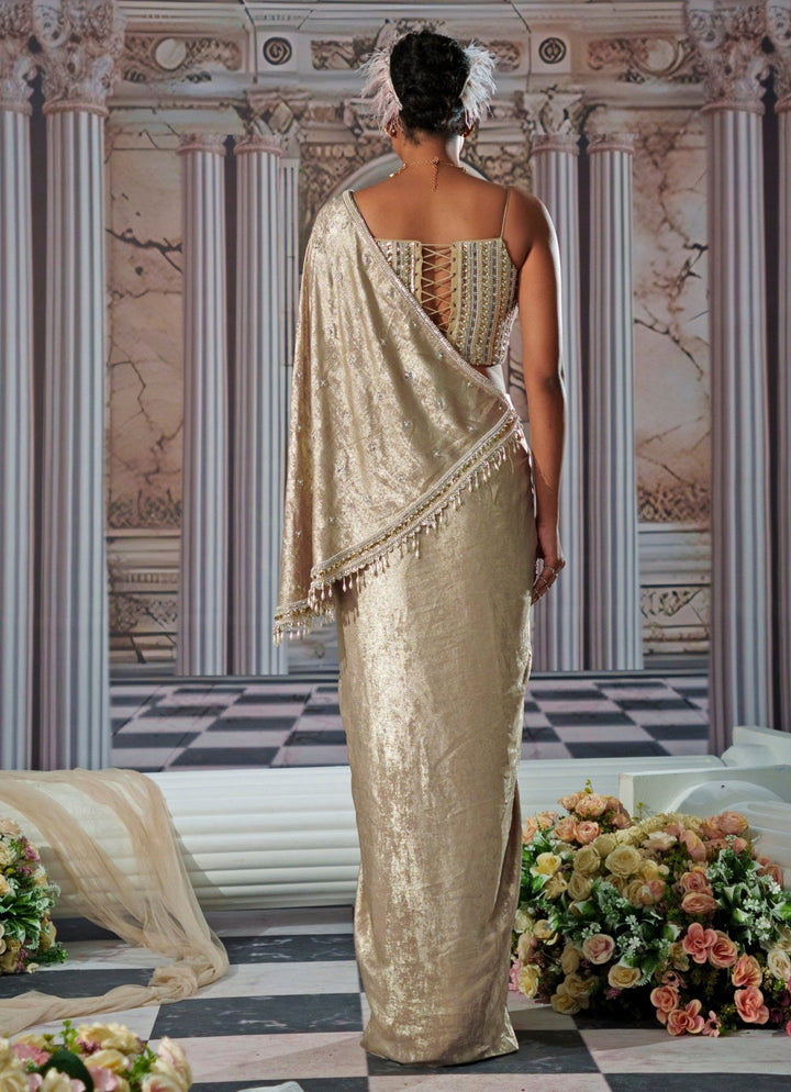 Gold Embroidered Velvet Skirt Saree Nidhika Shekhar - Fabilicious Fashion