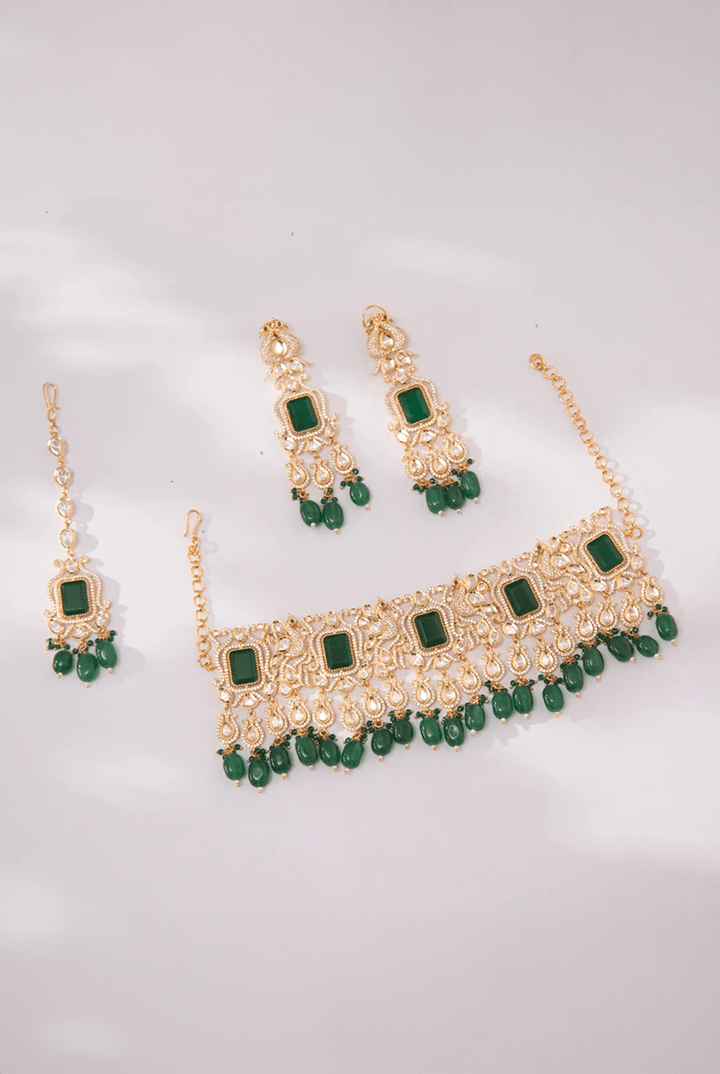 Gold Emerald Kundan Choker Set With Matching Earrings Zevar By Geeta - Fabilicious Fashion