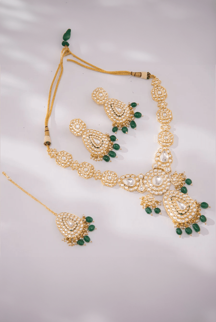 Gold Emerald Kundan Long Necklace With Earring And Maang Tikka Zevar By Geeta - Fabilicious Fashion