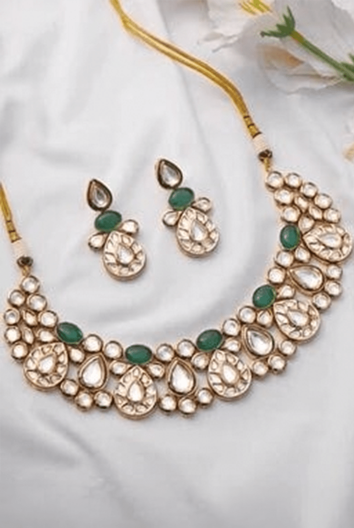 Gold Emerald Stones Kundan Necklace Set Zevar by Geeta - Fabilicious Fashion