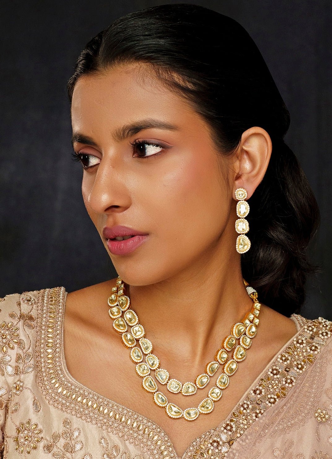 Gold Finish 2 Layers Moissanite Necklace Set Zevar By Geeta - Fabilicious Fashion