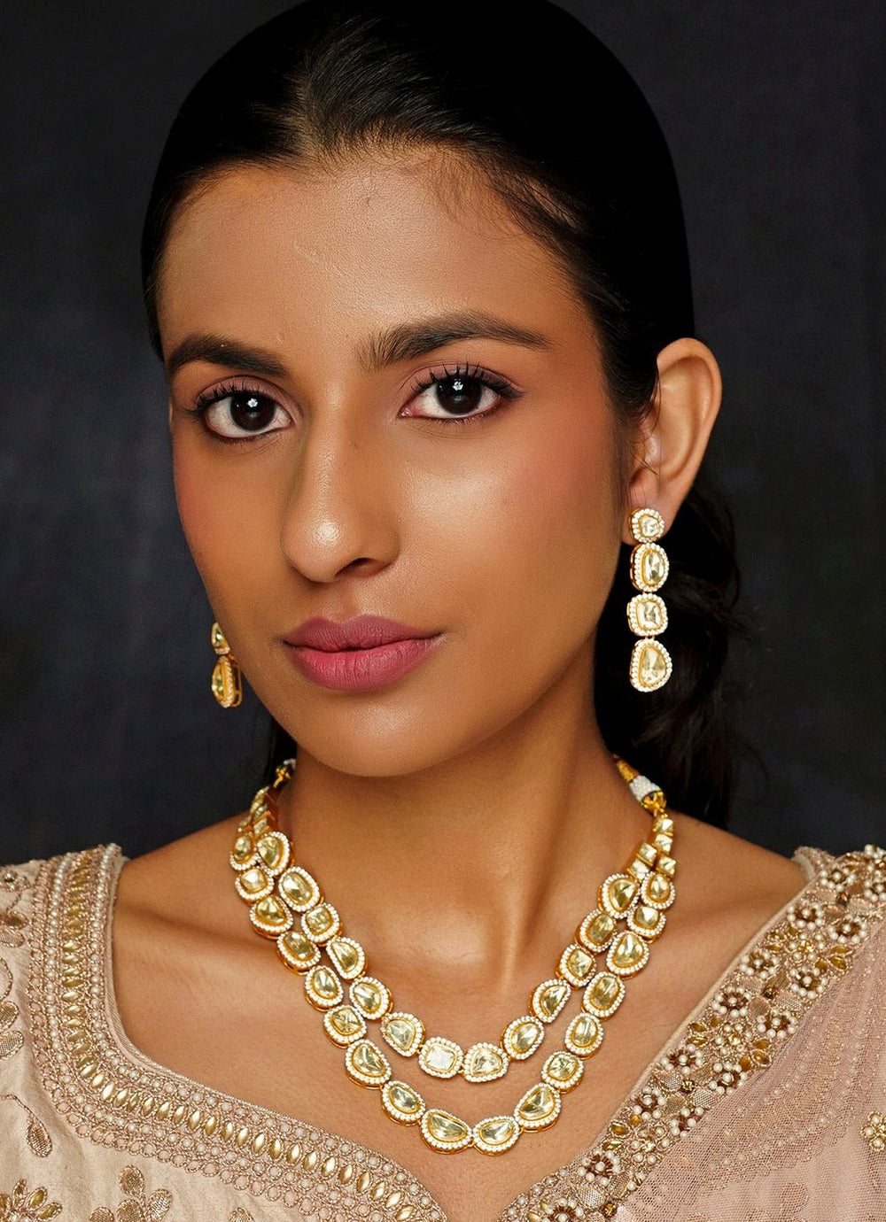 Gold Finish 2 Layers Moissanite Necklace Set Zevar By Geeta - Fabilicious Fashion
