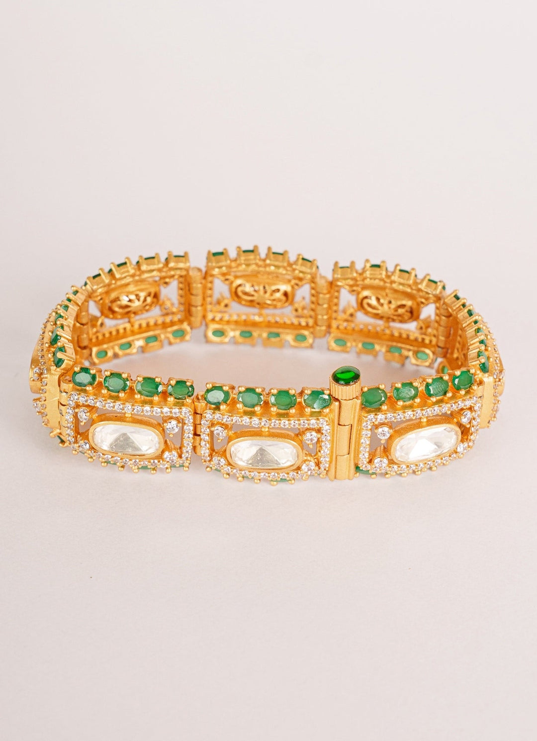 Gold Finish Bracelet With Moissanite Polki And Green Stones Zevar by Geeta - Fabilicious Fashion